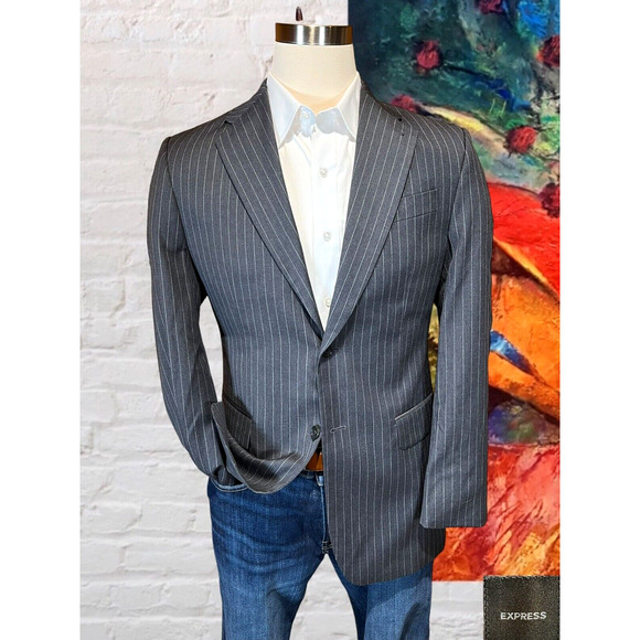 Express 40R Mens Charcoal Gray Pinstripe Super 100s Blazer Sport Suit Jacket - Picture 1 of 14